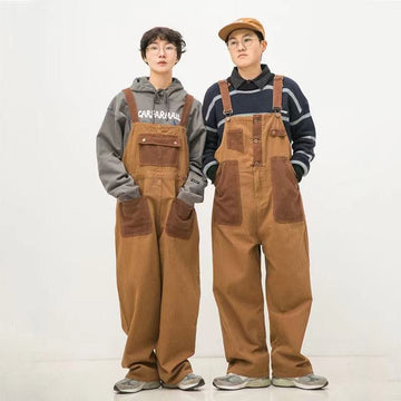 Aidase   Men's New Japanese Retro Overalls Brown Color Casual Pants Couple Pants Loose Straight Trousers Salopettes Romper Jumpsuit aidase-shop